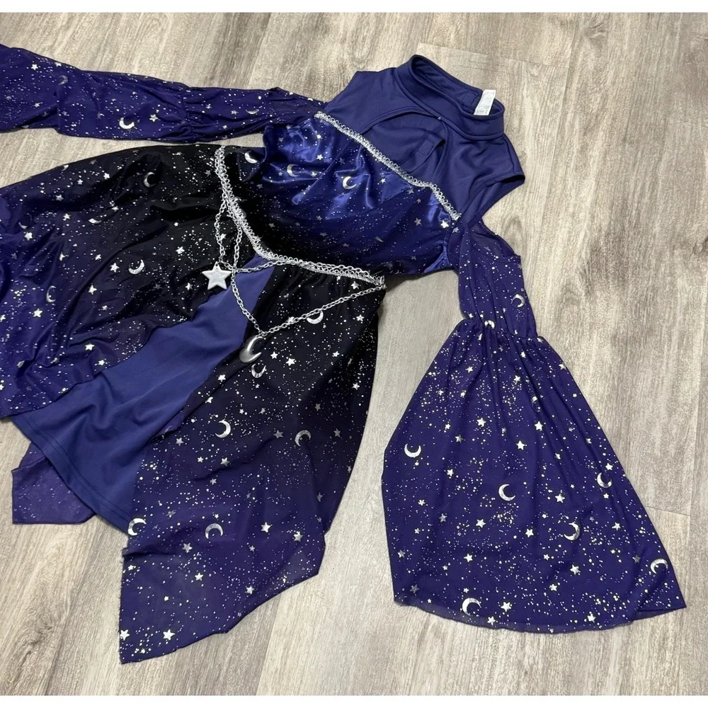 Kids Girls Star Moon Witch Dress Costume with Hat Sparkle Starry Night - Picture 3 of 7